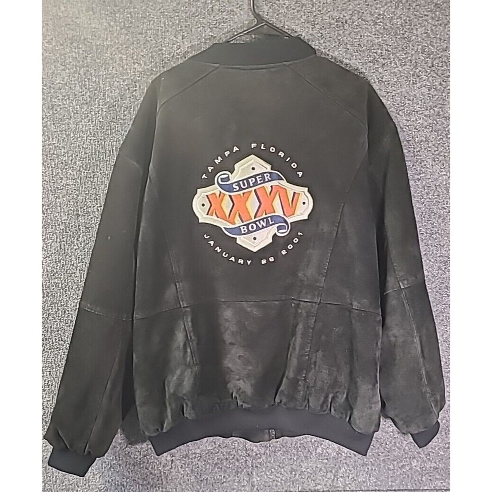 Vintage  Mens Super Bowl XXXV (2001) Jeff Hamilton Black Suede Jacket XL